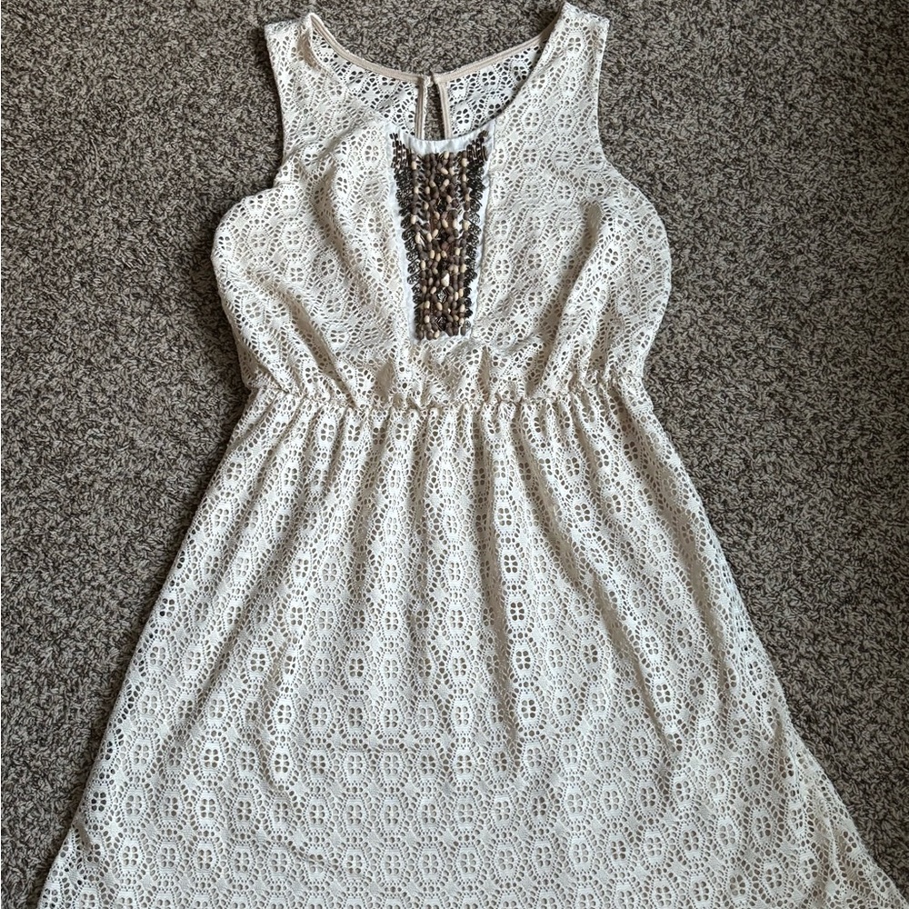 EUC Maurice’s Plus Size 0X Hi Low Crochet Lace Dress With Lining Elastic Waist